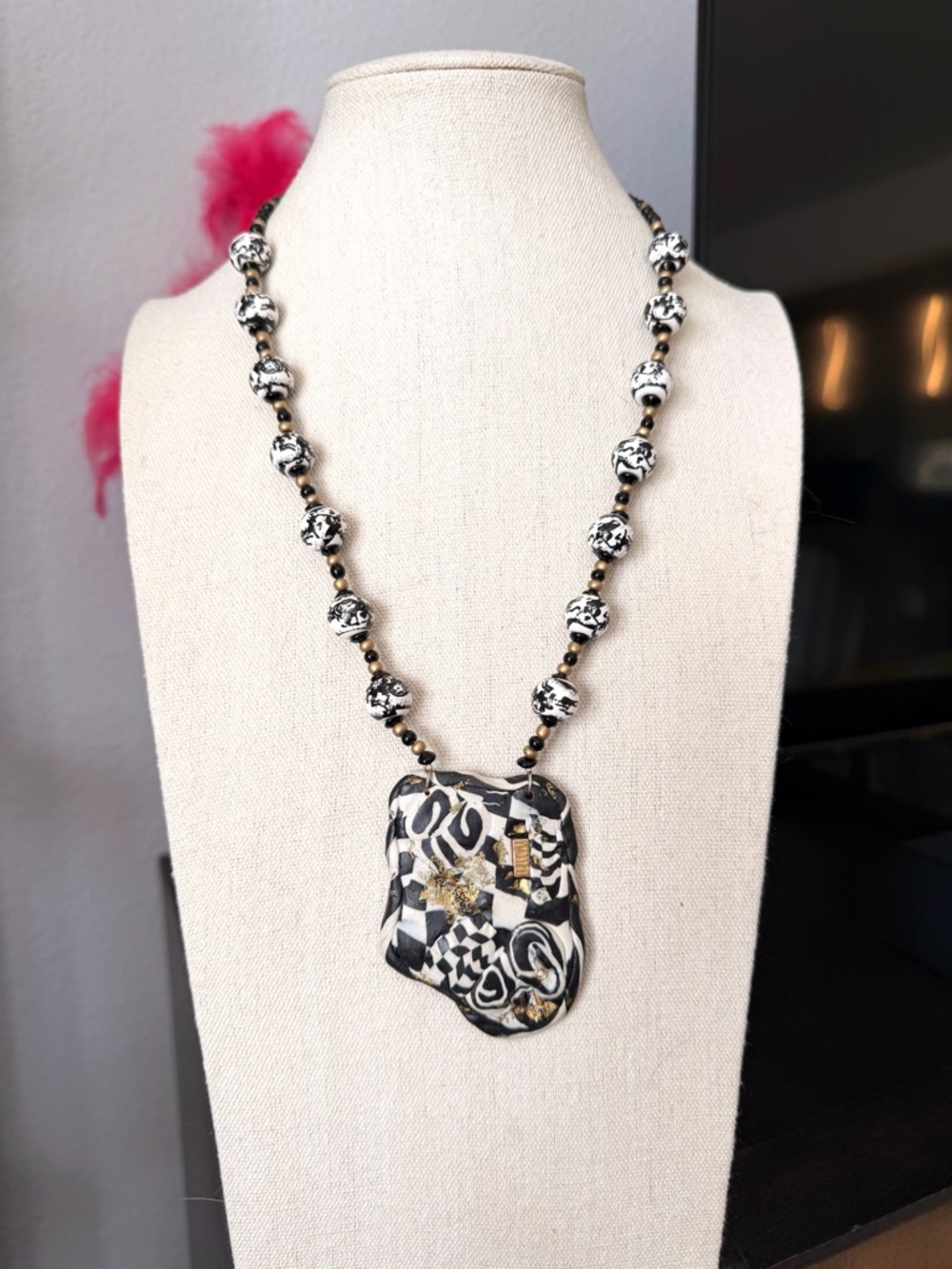 Artisan Black, White & Gold Patterned Pendant Necklace